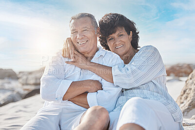 Buy stock photo Hug, beach and portrait of senior couple on summer vacation, getaway or holiday for travel. Smile, love and mature man and woman embracing by seaside on tropical weekend trip for anniversary date.