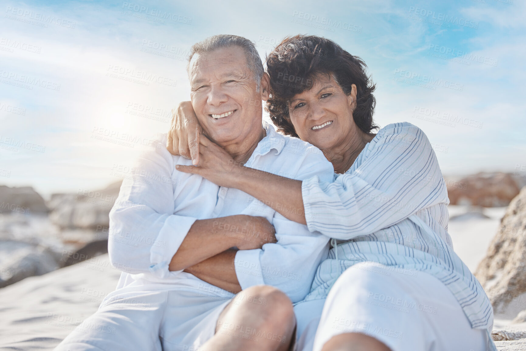 Buy stock photo Hug, beach and portrait of senior couple on summer vacation, getaway or holiday for travel. Smile, love and mature man and woman embracing by seaside on tropical weekend trip for anniversary date.