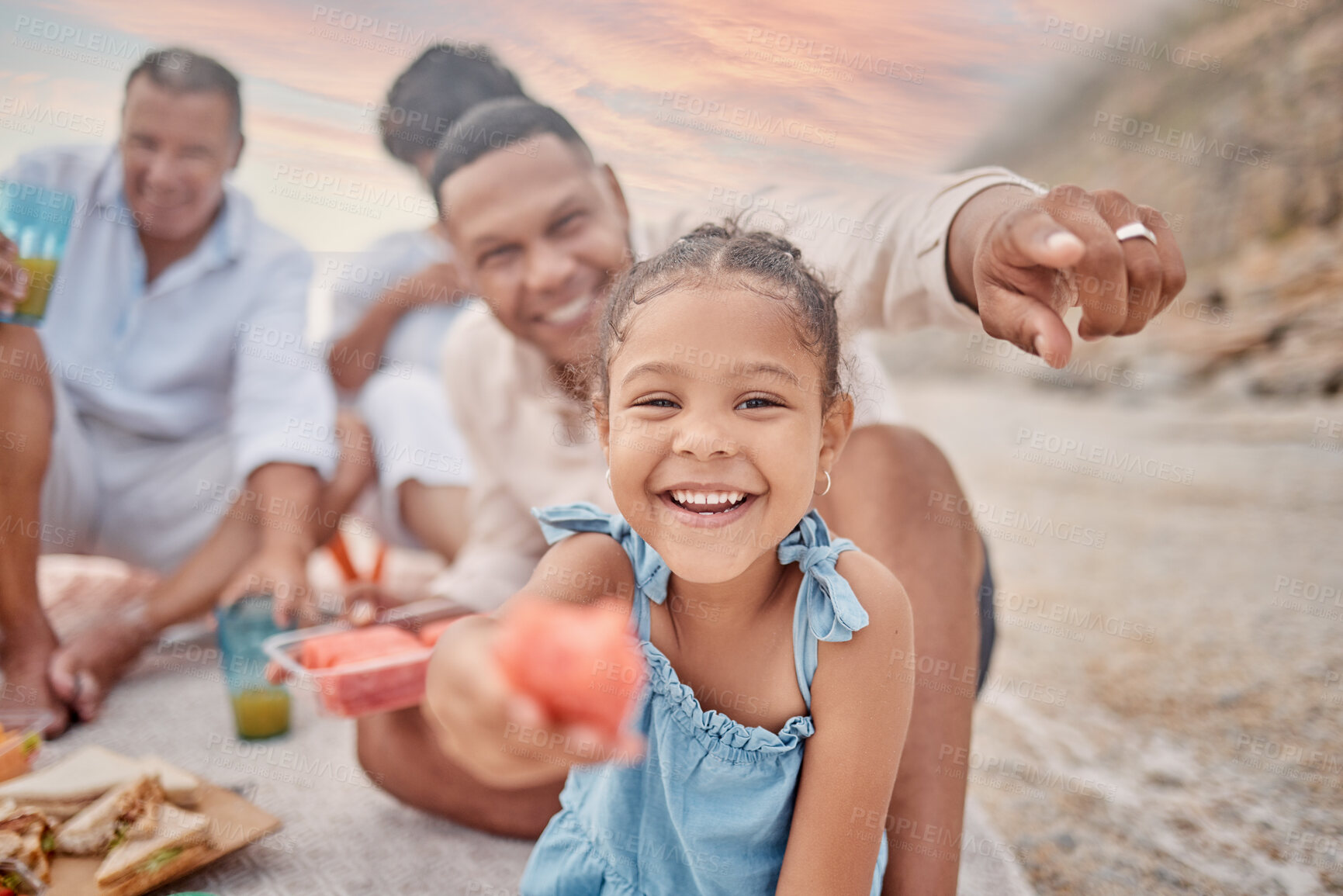 Buy stock photo Portrait, beach and family with watermelon, giving and happiness with break, bonding together and coastal. Face, generations and dad pointing with girl, daughter and seaside with offer, fruit and joy