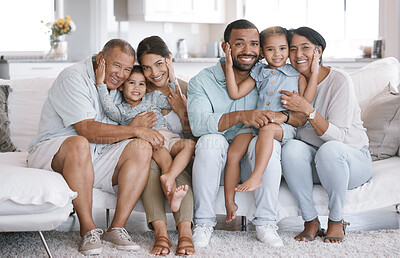 Buy stock photo Hug, love and portrait with big family on sofa in living room of home together for bonding or visit. Happy, relax or smile with senior people, parents and sibling children in apartment on weekend