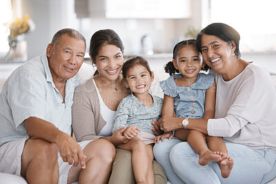 Buy stock photo Love, portrait and smile with family on sofa in living room of home together for bonding or visit. Happy, hug or relax with senior grandparents, mother and sibling children in apartment on weekend