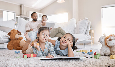 Buy stock photo Relax, parents and children in home with toys, teddy bear and coloring book for development activity. Happy, portrait and girls on floor to play, learn and bonding together with mom and dad on sofa.