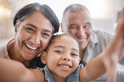 Buy stock photo Selfie, smile and portrait of child with grandparents in home for memory, bonding or family time. Happy, love and face of girl kid with grandmother and grandfather for photography picture in house.