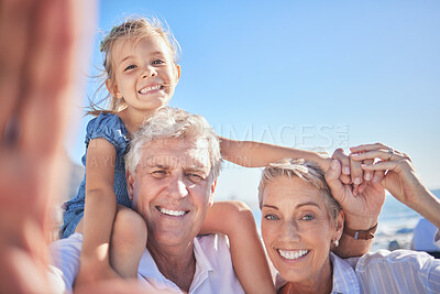 Buy stock photo Portrait, selfie and grandparents for summer vacation, family holiday and travel adventure. Happy child, blue sky and shoulder ride with smile, joy and tourism for childhood bonding and outdoors fun