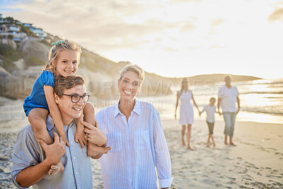 Buy stock photo Parents, girl and happy at beach on shoulder for bonding, care and love in Mauritius. Family, people and smile with kids for support at seaside on holiday, journey and travel for memories and fun