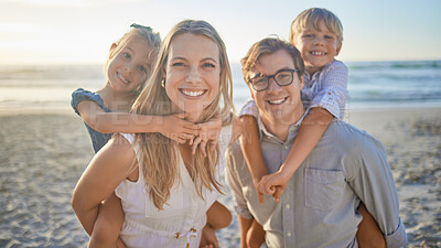 Buy stock photo Parents, kids and smile at beach with piggyback on portrait for bonding, care and love in Mauritius. Family, people and happy with support at seaside on holiday, journey and travel for memories