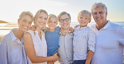 Buy stock photo Generations, family and happy at beach on portrait for bonding, care and love in Mauritius. Outdoor, people and smile for support at seaside on holiday, journey and travel for memories and fun