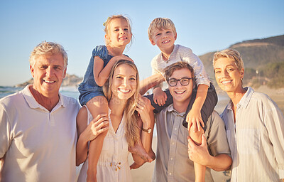 Buy stock photo Generations, family and smile at beach on portrait for bonding, care and love in Mauritius. Outdoor, kids and grandparent with parent at seaside on holiday, break and travel for memories and fun