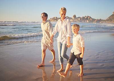 Buy stock photo Parents, boy and smile with walking at beach for bonding, care and love in Mauritius. Family, people and happy with kid for support at seaside on holiday, journey and travel for memories and fun