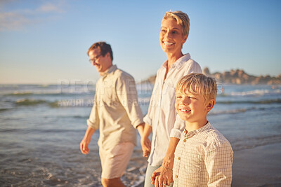 Buy stock photo Generations, people and smile with walking at beach for bonding, care and love in Mauritius. Family, grandma and father with with kid for support at ocean on holiday, journey and travel for memories