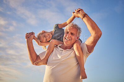 Buy stock photo Outdoor, grandfather and child in portrait for piggyback, playful and bonding together with happiness. Blue sky, grandparent and girl on shoulder for air game, vacation and travel holiday in Sydney