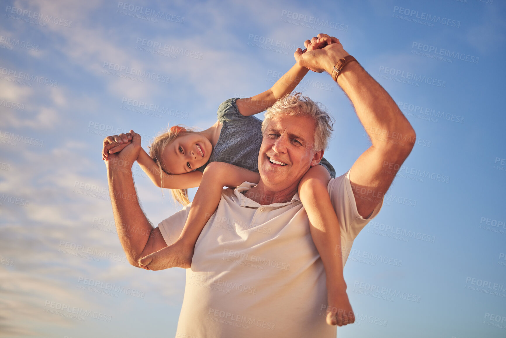 Buy stock photo Outdoor, grandfather and child in portrait for piggyback, playful and bonding together with happiness. Blue sky, grandparent and girl on shoulder for air game, vacation and travel holiday in Sydney