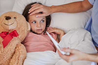 Buy stock photo Fever, thermometer and parent and sick girl in bed of home with temperature for recovery or rest. Family, hand and health with person checking forehead of unwell child in bedroom of apartment