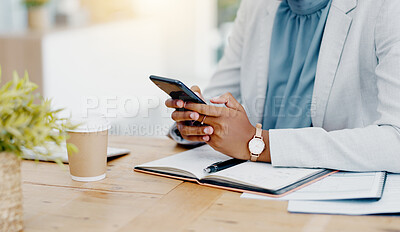 Buy stock photo Black woman, hands and phone chatting in business for communication, social media or texting on office desk. Hand of African American female typing on smartphone or mobile app for research or chat