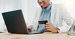 Ecommerce, online shopping and black woman with credit card, laptop and smile for discount with fintech. Computer, banking and African person making web payment or surfing internet website for sale.