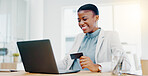 Ecommerce, online shopping and black woman with credit card, laptop and smile for discount with fintech. Computer, banking and African person making web payment or surfing internet website for sale.