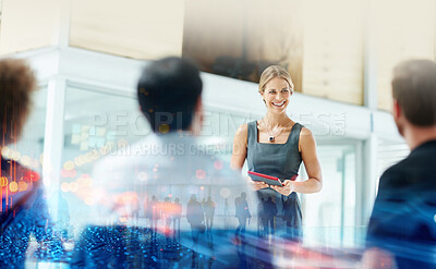 Buy stock photo Woman, tablet and presentation in city double exposure for workshop, guidance and happiness. Seminar, female speaker and tech in meeting for coaching, HR regulation or company information in office