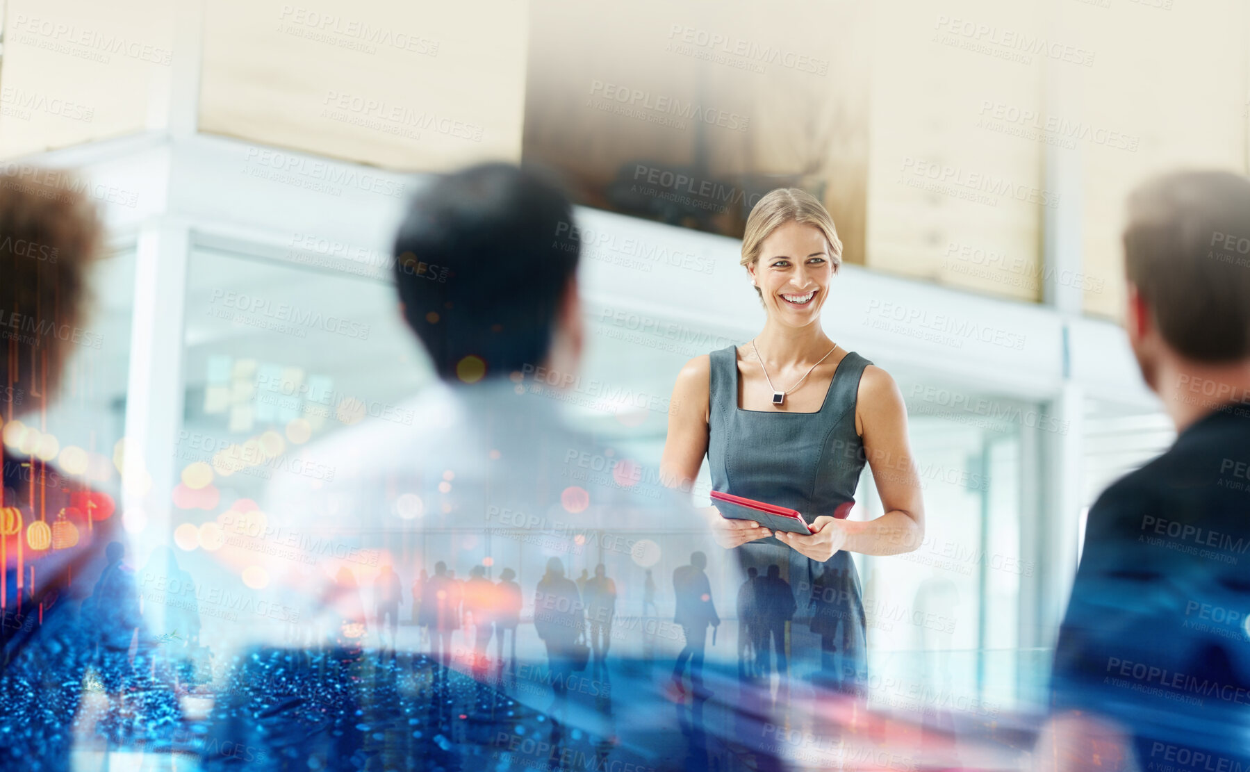 Buy stock photo Woman, tablet and presentation in city double exposure for workshop, guidance and happiness. Seminar, female speaker and tech in meeting for coaching, HR regulation or company information in office