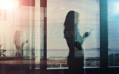 Buy stock photo Silhouette, woman and phone at window for business, contact and appointment arrangement in office. Female consultant, mobile and email on balcony for communication, customer service or scheduling app