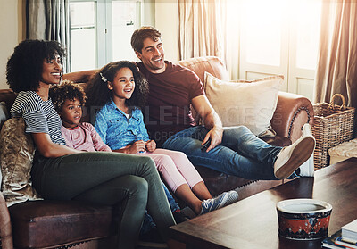 Buy stock photo Relax, parents and children with love, support and care for trust, together or happiness in bonding. Family, woman and kids with man in playful, connection and comfort on couch in home or living room