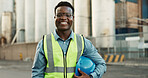 Industrial, outdoor and black man with portrait at construction site for maintenance, building repairs or project development. Engineer, safety and employee for confidence, infrastructure or labour