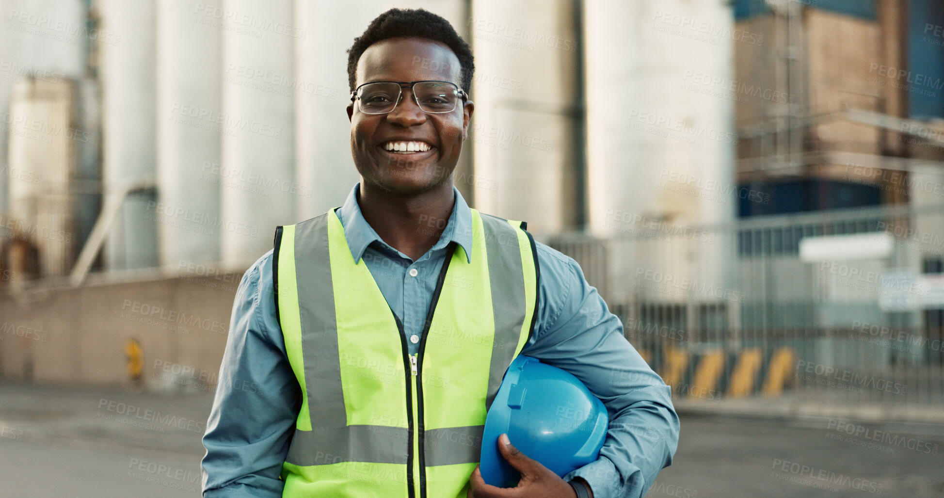 Buy stock photo Industrial, outdoor and black man with portrait at construction site for maintenance, building repairs or project development. Engineer, safety and employee for confidence, infrastructure or labour