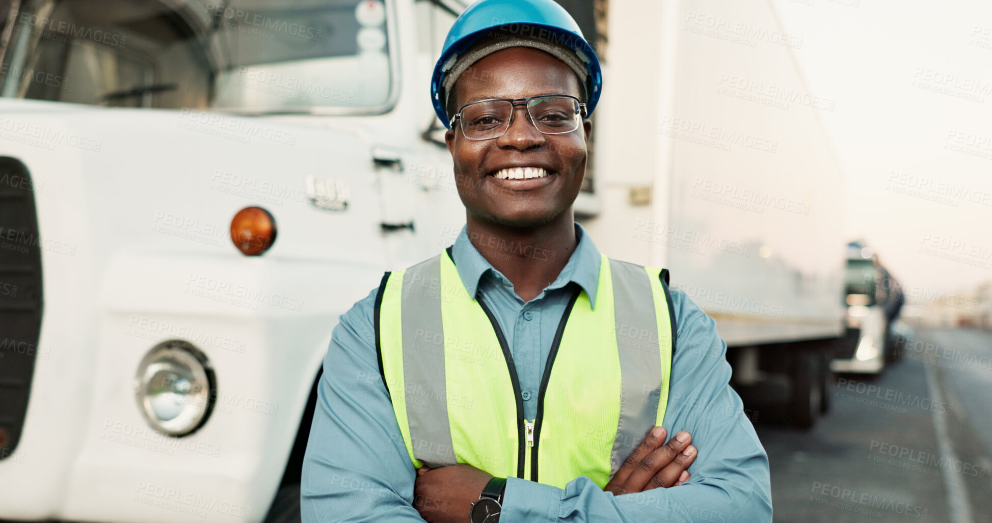 Buy stock photo Man, portrait and outdoor at warehouse with confidence for logistics, gear for safety and smile for health. Male driver, happy and outside factory with semi truck for supply chain, job with transport