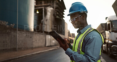 Buy stock photo Construction, inspection and black man on tablet in city for planning, building and maintenance. Civil engineering, architecture and person on digital for project, infrastructure and manufacturing