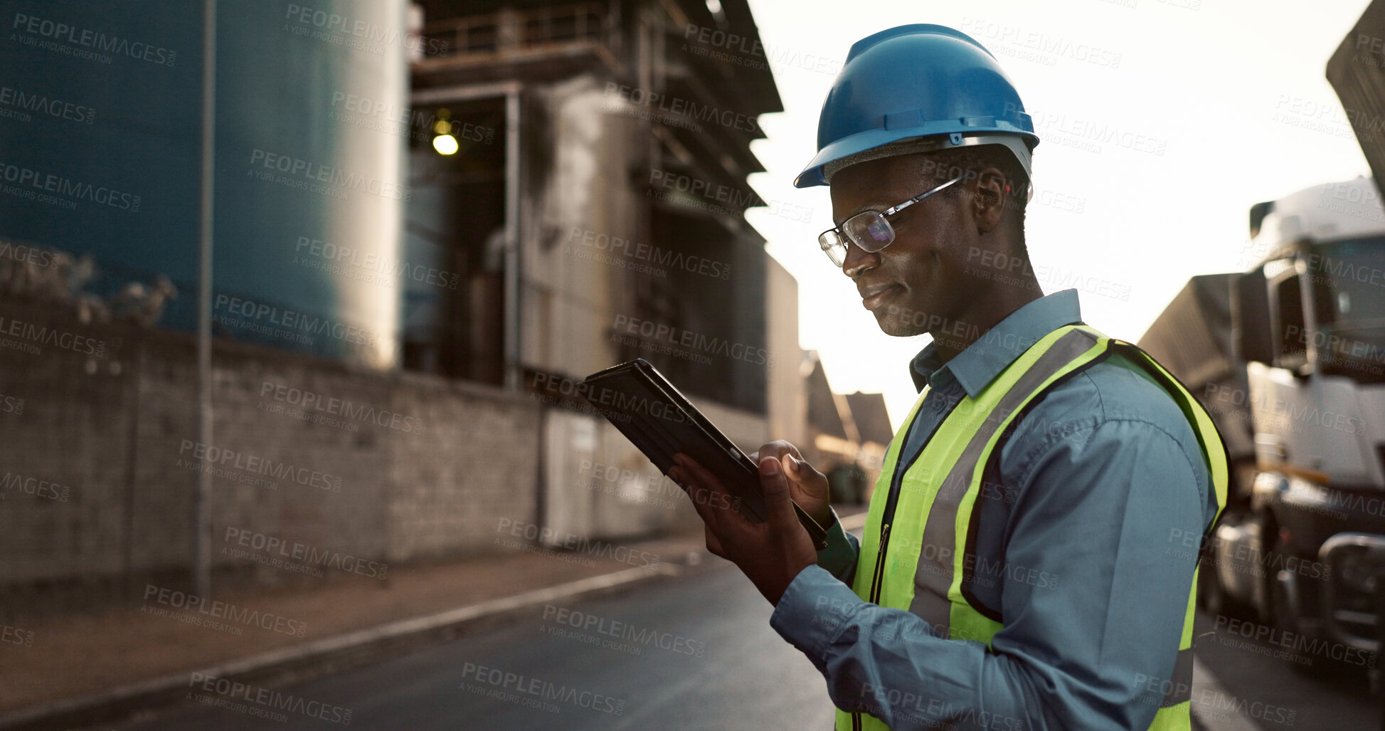 Buy stock photo Construction, inspection and black man on tablet in city for planning, building and maintenance. Civil engineering, architecture and person on digital for project, infrastructure and manufacturing