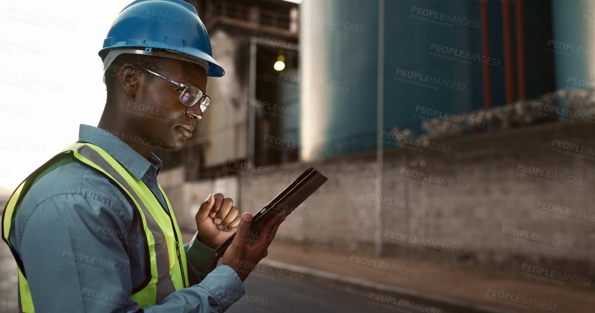 Buy stock photo Construction, online and black man on tablet in city for planning, building and maintenance. Civil engineering, architecture and person on digital tech for project, infrastructure and manufacturing