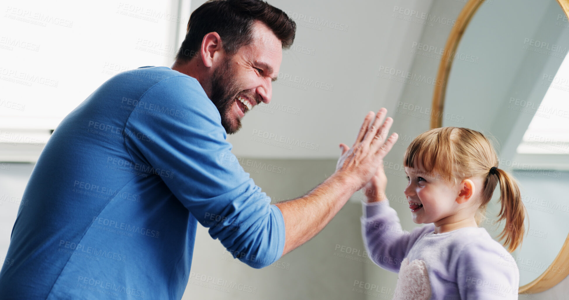 Buy stock photo Family, father and child with high five in home for bonding, support and excited for achievement. Parent, girl kid and celebration in house with motivation, happy and congratulations with development