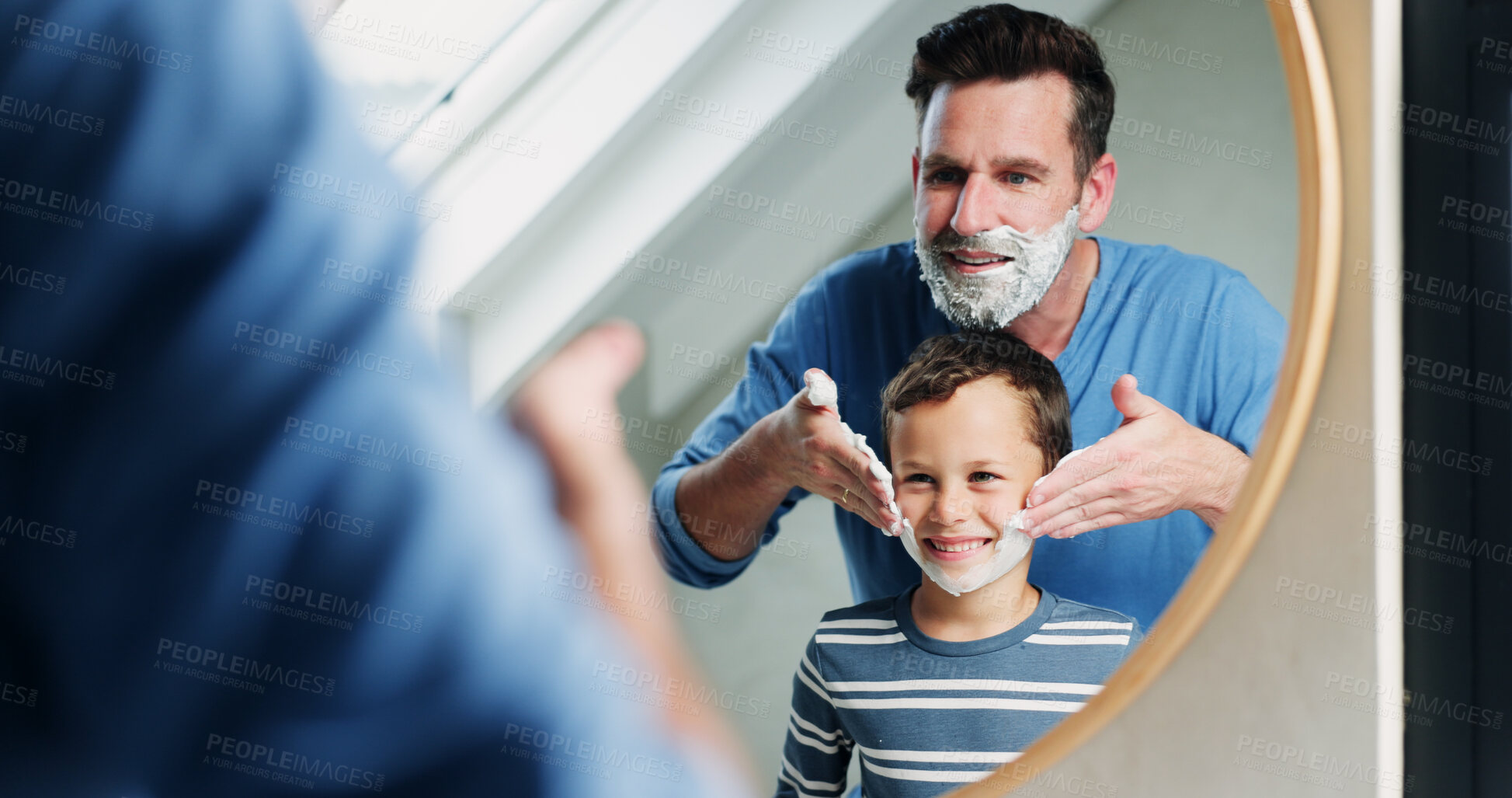 Buy stock photo Shaving cream, bathroom and dad with son or reflection, happy and playful practice for growth or development. Father, boy and mirror in home for learning facial care, grooming and bonding with love.