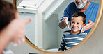 Shaving cream, bathroom and father with son or reflection, happy and playful practice for growth or development. Dad, boy and mirror in home for learning facial care, grooming and bonding with love.