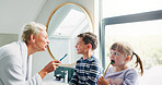 Mother, children and play to brush teeth in bathroom for oral hygiene, dental health and cleaning mouth in morning. Woman, kids and toothbrush for teaching, breath care and family bonding at house