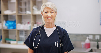 Buy stock photo Smile, mature and woman with portrait in vet for professional career in animal care, welfare and wellness. Female veterinarian, pet doctor and specialist with pride for expert support in healthcare.