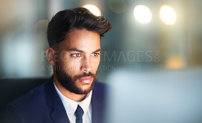 Buy stock photo Serious, night and man in office, laptop and test of software for cybersecurity, programmer and bokeh. Workaholic, overtime and employee for coding of website, IT and information technology in dark