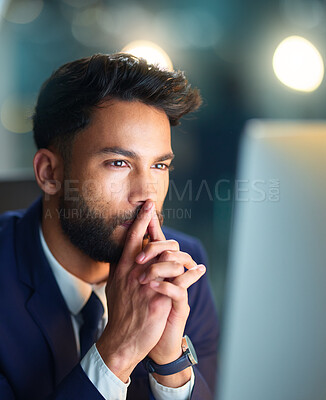 Buy stock photo Business, man and thinking with computer at desk for problem solving, trading solution or stock market ideas. Professional, trader or planning at night with cryptocurrency contemplation and strategy