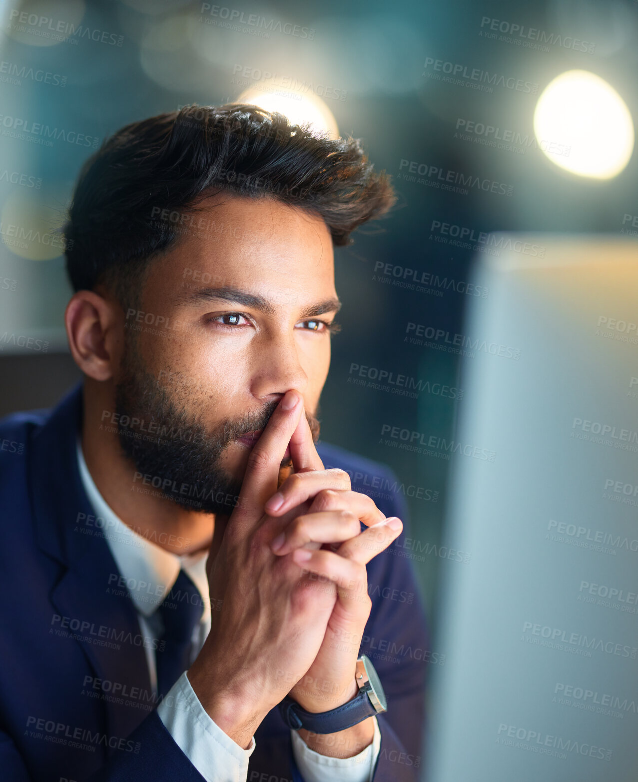 Buy stock photo Business, man and thinking with computer at desk for problem solving, trading solution or stock market ideas. Professional, trader or planning at night with cryptocurrency contemplation and strategy