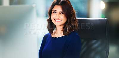 Buy stock photo Smile, portrait and Indian woman in office with computer, commitment and confidence for project. Bokeh, happy and professional employee in workplace for planning, research and business administration