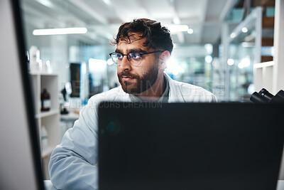 Buy stock photo Science, man and thinking in laboratory on computer for medical results, investigation and pharmaceutical research. Male scientist, online and innovation for clinical study, review and development.