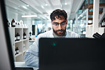 Science, man and reading in laboratory on computer for medical results, investigation and pharmaceutical research. Male scientist, online and innovation for clinical study, review and development.