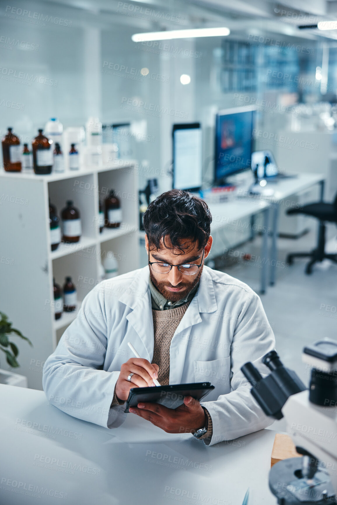 Buy stock photo Scientist, man and healthcare with tablet in lab for microscope research, medical data and science information. Person, researcher and digital for study feedback, vaccine solution and biotechnology