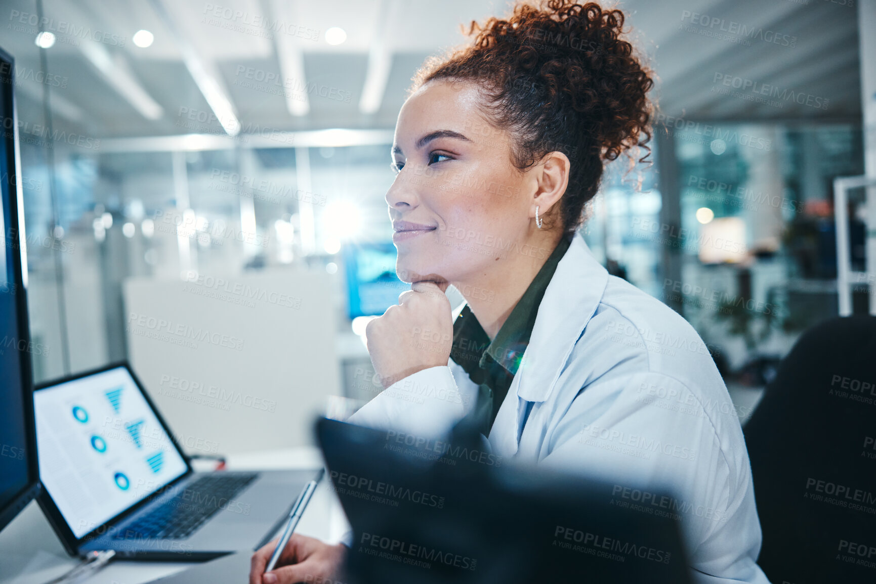 Buy stock photo Science, woman and reading in laboratory on computer for medical results, investigation and pharmaceutical research. Female scientist, online and innovation for clinical study, review and development