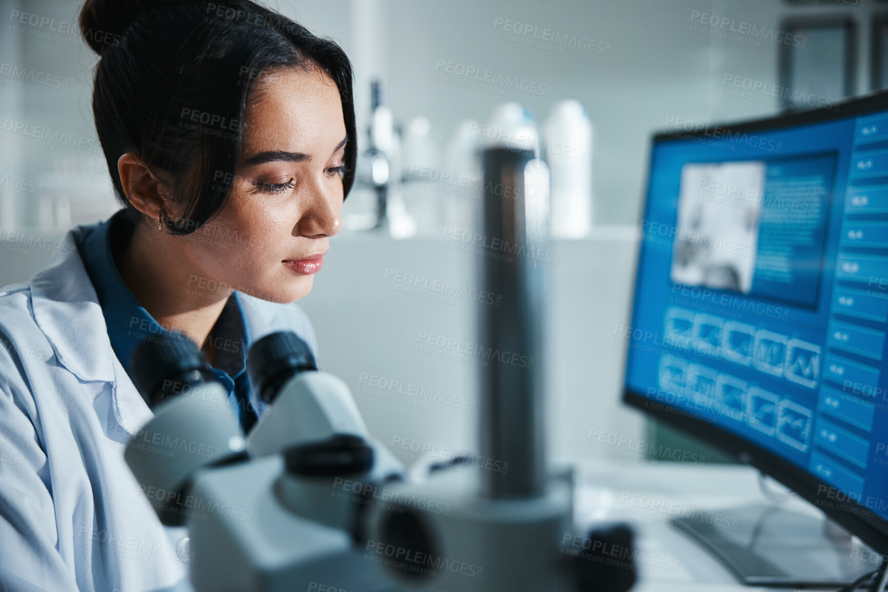 Buy stock photo Computer screen, face and microscope with woman in laboratory for development, innovation or research. Analysis, pharmaceuticals and study with scientist at work on medical breakthrough or discovery