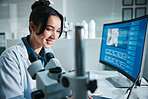 Computer screen, microscope and smile with scientist in laboratory for development, innovation or research. Pharmaceuticals, science and study with happy woman at work on breakthrough or discovery