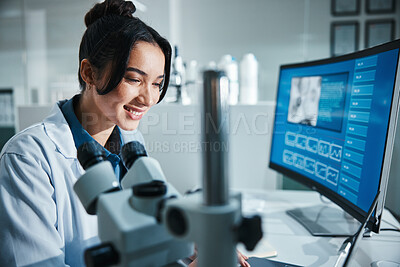 Buy stock photo Computer screen, microscope and smile with scientist in laboratory for development, innovation or research. Pharmaceuticals, science and study with happy woman at work on breakthrough or discovery