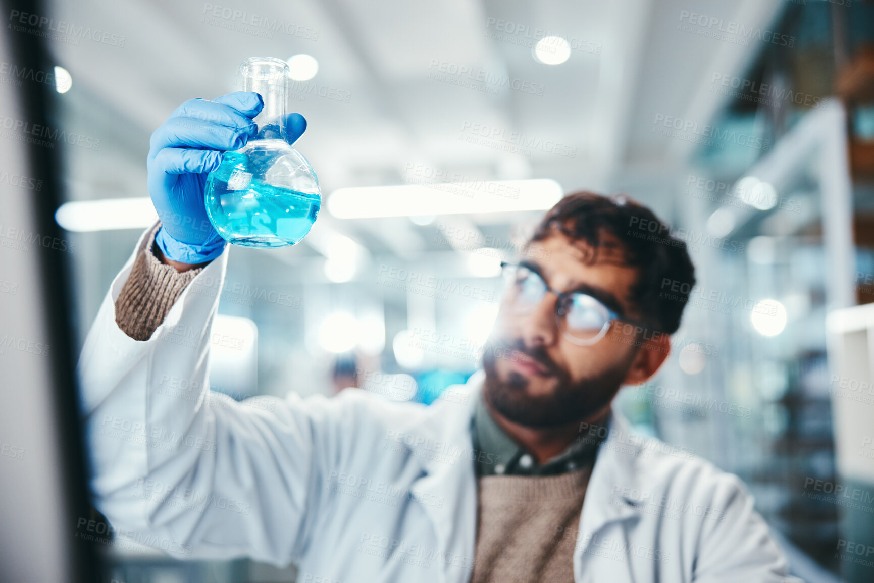 Buy stock photo Reaction, science and solution with man in laboratory for breakthrough, innovation or research. Beaker, chemical and pharmaceuticals with scientist at work on cure, medicine or vaccine development