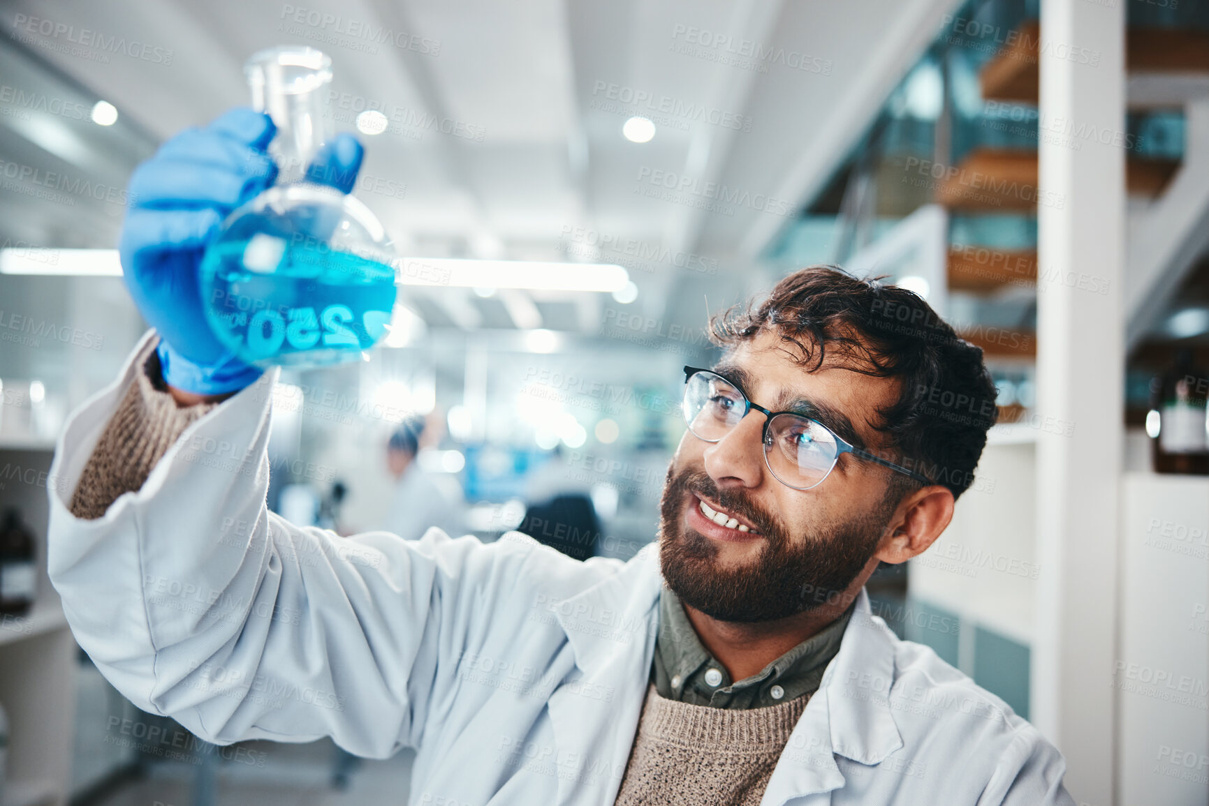 Buy stock photo Chemical, science and solution with man in laboratory for breakthrough, innovation or research. Beaker, pharmaceuticals and reaction with scientist at work on cure, medicine or vaccine development