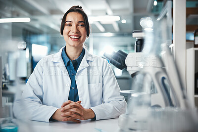 Buy stock photo Scientist, confident and portrait of woman in laboratory for research, experiment or chemical test. Medical, study and biochemist with smile for investigation, molecule structure or gene therapy