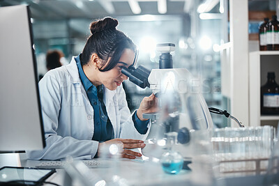 Buy stock photo Scientist, woman and microscope for healthcare in lab of experiment research, medical data or study bacteria. Smile, researcher and biotechnology for pharmaceutical development of vaccine production